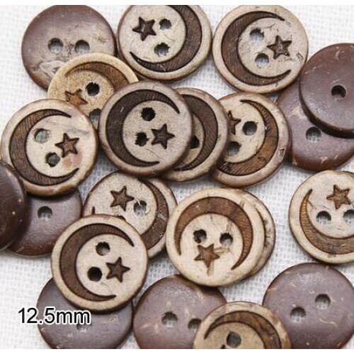 100pcs/lot Size:12.5mm Natural coconut 2 holes shell buttons ,moon and star bulk buttons for craft,apparel accessories(SS-148)