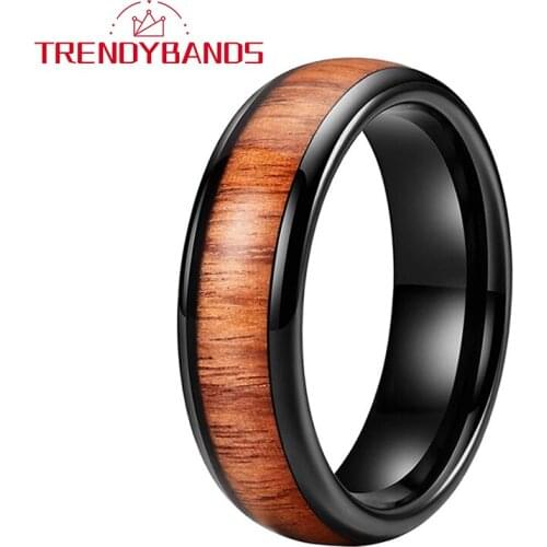 6MM Tungsten Men Women Ring Black Wedding Band With Koa Wood Inlay Dome Comfort Fit