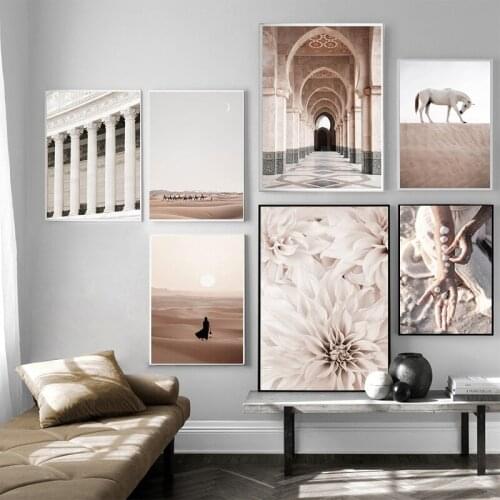 Beige Floral Desert Landscape Poster and Print Nordic Home Mosque Islamic Canvas Painting Decoration Wall Art Pictur