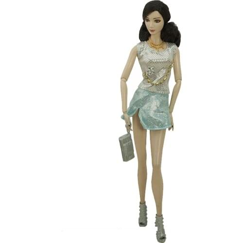 Noble Silver Sequin 1/6 BJD Clothes For Barbie Doll Outfit Shirt Top Blue Skirt Boots Necklace Purse 11.5" Dolls Accessories Toy