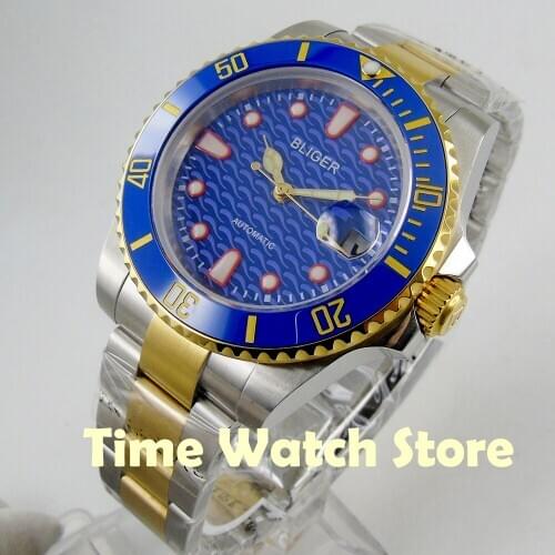 Bliger 40mm Miyota 8215 golden Automatic Mens watch sapphire glass green blue dial luminous ceramic bezel