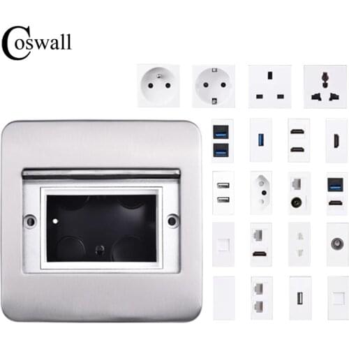 Coswall Stainless Steel Cover Hidden EU UK US Wall / Table / Floor Socket USB Type-C Fast Charger CAT6 Internet HDMI-compatible