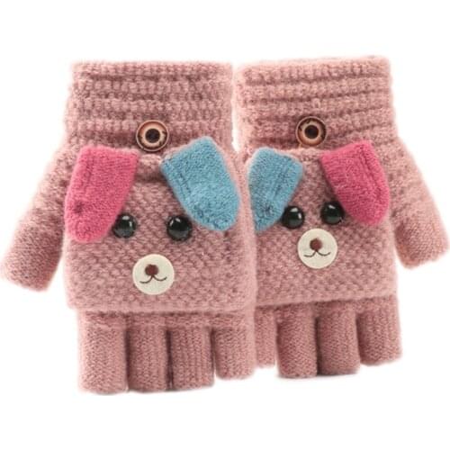 Children Kids Winter Warm Convertible Flip Top Gloves Cartoon Dog Knitted Plush Lined Flap Cover Fingerless Mittens