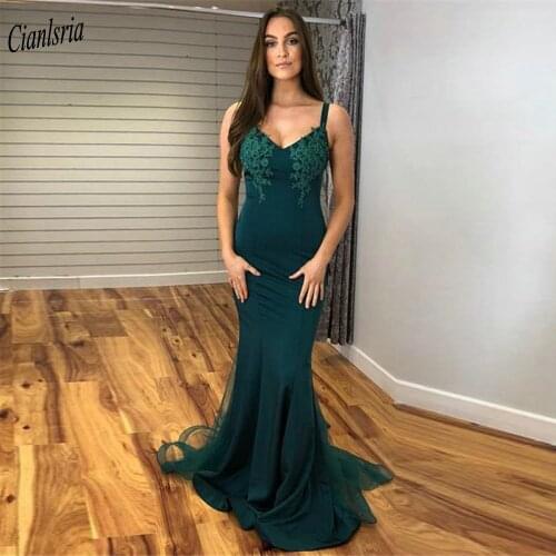 Elegant V-Neck Sleeveless Appliques Lace Long Mermaid Evening Dresses Spaghetti Strap Backless Formal Evening Party Dress