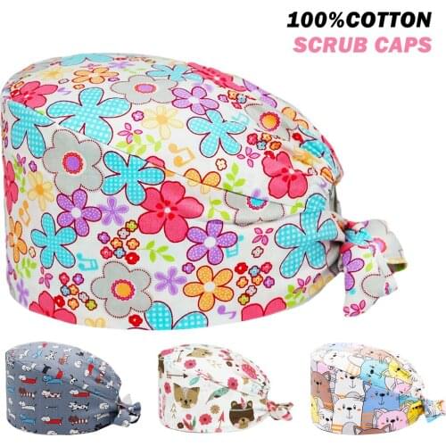 Surgicals Hats Adjustable Pure Cotton Anime Printing Nursing Hat Clinic Pet Shop Beauty Salon Nurse Work Accessories Scrub Caps