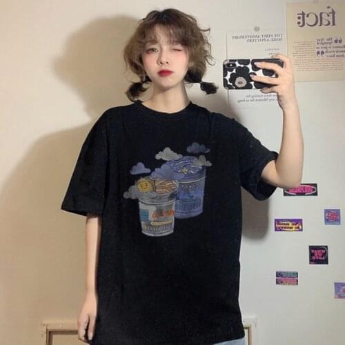 Summer Creativity Women Loose O-Neck Youthful Vigour Unique Short-Sleeves Simple Black Korean Style Print Cartoon Fashion Tees