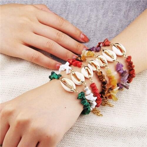 Shell Charm Natural Stone Chips Bracelets For Woman Bohemian Conch Bangles Quartzs Crystal Reiki Metal Chain Ethinc Jewelry Gift