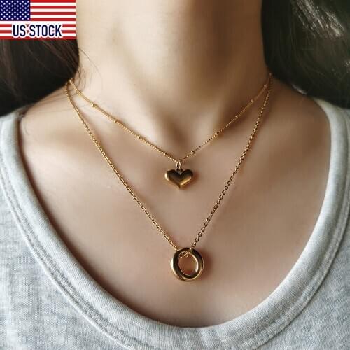 Pendant Necklace for Women Girls Layered Stainless Steel Simple Dainty Heart /O Shaped Pendant Charm Elegant Jewelry Gifts DDS14