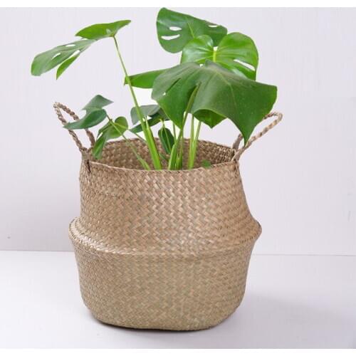 Woven Seagrass Belly Basket, Country Style Weaving Home Storage Bucket Plant Flower Pot