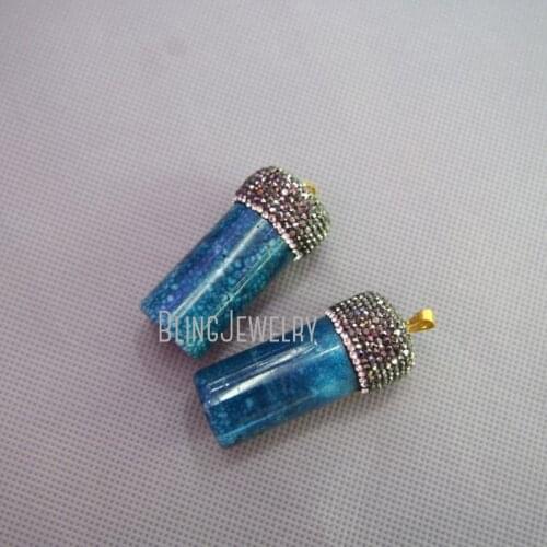 MU150907860 Pave CZ Clear and Gunblack Rhinestone Blue Dragon Agates Pendant Clylinder Stone Pendant