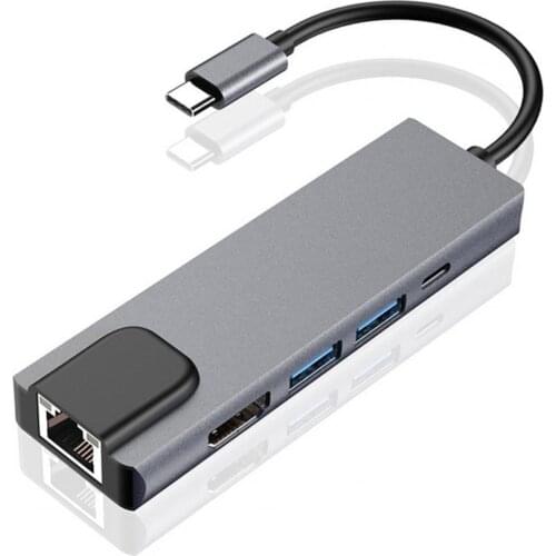 Portable 5-in-1 Gigabit Ethernet Lan RJ45 Type-C Hub to 4K USB 3.0 PD USB-C Docking Station Gigabit Ethernet Lan RJ45 Type-C Hub