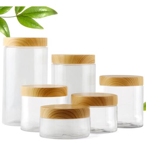 100ml 200ml 300ml 500ml Empty Clear Pet Jars Containers With Plastic Imitation Wood Lids Storage Bottle Big Capacity New