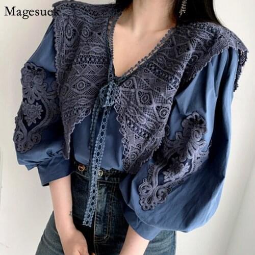 Chic Vintage Embroidery Floral Lace Loose Womens Blouse V Neck Solid Female Shirts Lantern Sleeve Ladies Tops Fashion New 13523