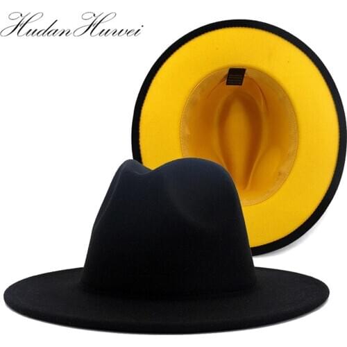 Hot Sell Patchwork Black Yellow Hat Women Men Wide Brim Cap Church Holiday Travel Woolen Felt Fedora