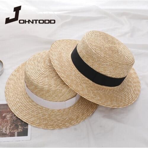 Natural Wheat Straw Boater Fedora Top Flat Hat Women Summer Beach Flat Brim Cap with Bowknot Ribbon Bucket Hat Holiday Caps