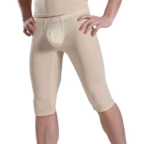 Men Capris Sexy Transparent Ice Silk Pants Low Waist Five Pants Sexy Tight Convex Pouch Pocket Pajama Breathable Trousers 1PCS
