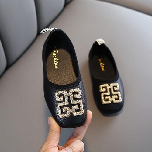 JY Children girls Rhinestone shoes Girls Shoes Flat Bean Princess Shoes 26-36 black &beige TB02