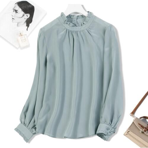 Womens 100% Mulberry Silk Crepe Silk ruffles stand neck long sleeve light green Shirt Top Blouse Office Work M L XL JN560