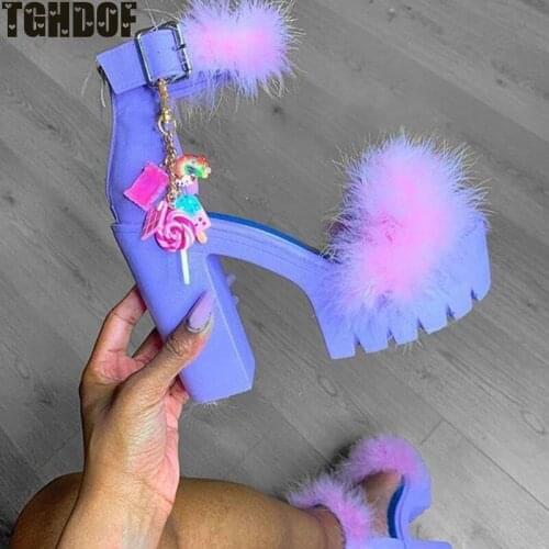 2021 Women Shoes Coarse-heeled Fur Rubber SandalsWomen Shoes Womens Platform Heels Mary Janes Shoes High Heels Leather Shoes