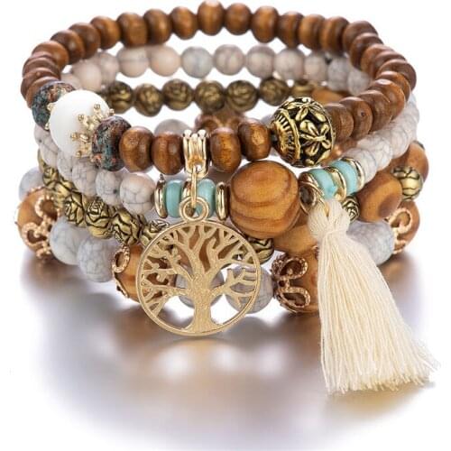 Boho Retro Wood Beaded Multilayer Elasticity Bracelets For Women Fashion Metal Life Tree Tassel Charm Bracelet Jewelry pulseira