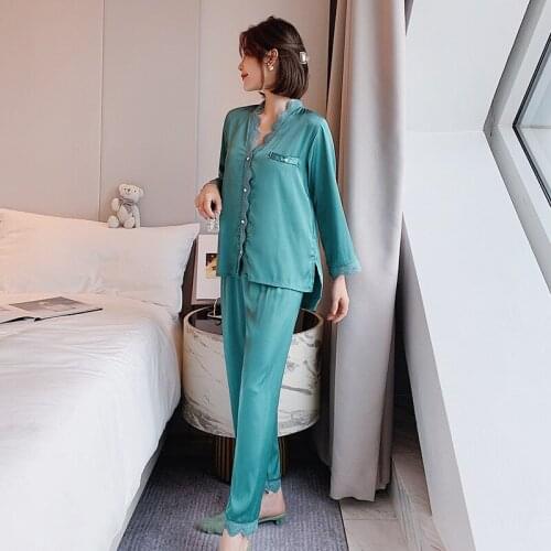 2021 New Spring Autumn Womens Pajamas sets Lace Sexy Nightwear Long Sleeve 2Pcs Home Suit Solid Color Cardigan Version V-Neck