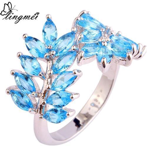 Lingmei Charming Women Rings Shiny Olive Leaves Blue CZ Silver ColorRing Size 7 8 9 10 Love Trendy StyleJewelry Wholesale