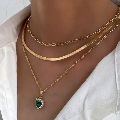 New Simple Crystal Heart Charms Long Chain Necklace For Women Multilayer Golden Metal Snake Chain Choker Neckalces Punk Jewelry