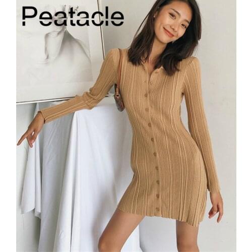 Peatacle Spring Autumn Retro French Temperament Long Sleeve High Waist Knit Dress Female Slim Buttoned Skirt Cardigan