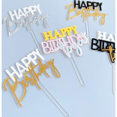 1pcs Gold Black Acrylic Happy Birthday Cake Topper Cake Flage Kids Birthday Party Decoration Toppers Supplies