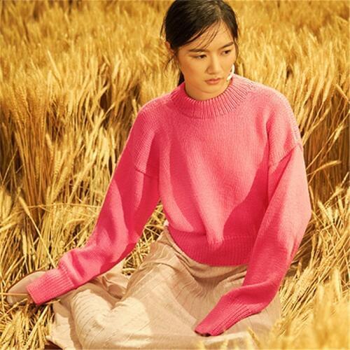 100% hand made pure wool knit women fashion Oneck solid H-straight short pullover sweater white 6color customized