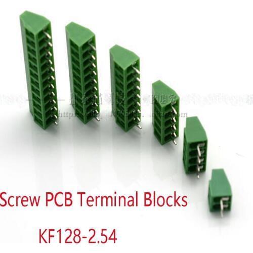 100pcs/lot Screw PCB Terminals KF128-2.54mm Copper Environmental 2p/3/4/5/6/7/8/9/10P Green
