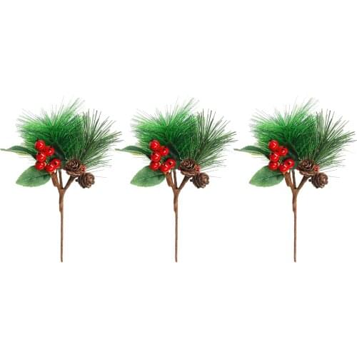 3pcs Red Christmas Berry and Pine Cone Picks Stem with Holly Branches