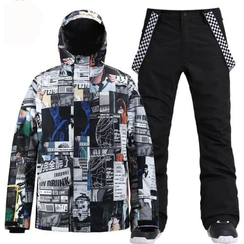 -30 Brand Mens Snow Suit Wear Outdoor Sports Skiing Costumes Waterproof Snowboard Clothing Sets Jacket + Strap Pant for Male