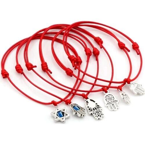 6Pcs Mixed Kabbalah Hamsa Hand Star OF David Charms Red Color Wax Rope Adjustable Bracelets S112L33