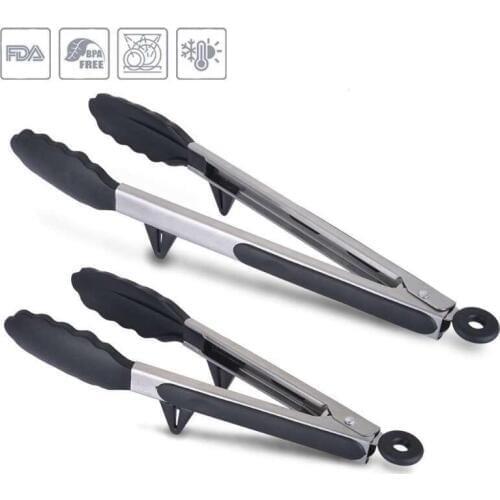 9 inch Kitchen Premium Silicone Tongs Non-slip & Easy Grip Stainless Steel Handle - Smart Locking Clip - Heat Resistant