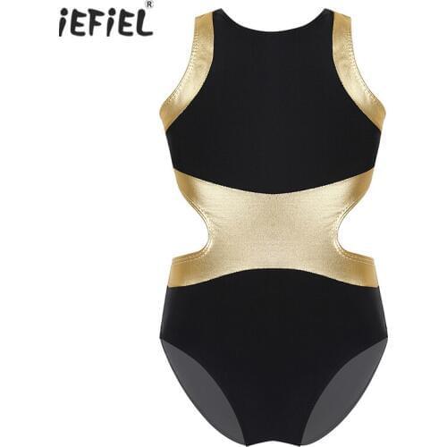IEFiEL Kids Girls Sleeveless Ballet Jumpsuit Metallic Splice Back Waist Cutouts Ballet Dance Gymnastics Leotard Dancewear