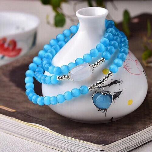 Wholesale Blue Cat Eye Stone Bracelets Round Beads with Heart Shape Pendant Bracelets For Women Girl Fresh Crystal Jewelry
