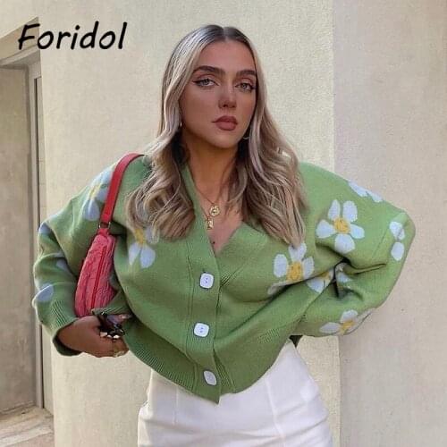 Elegant Flower Knitted Cardigan V-neck Sweater Coat Flowers Printed Casual Streetwear Single-breasted Crop Tops Sueter Mujer