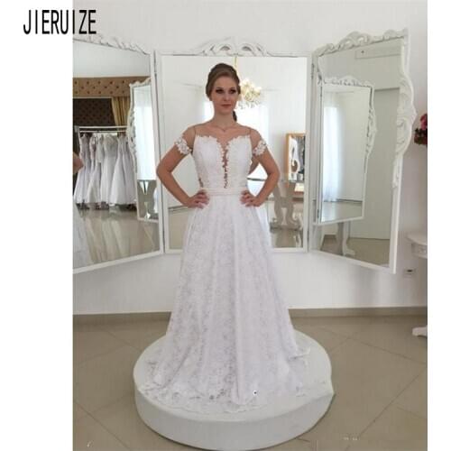 JIERUIZE Fashion Lace Wedding Dresses Sheer O Neck Short Sleeves Button Back Bow Pearls Sashes Wedding Gowns Vestido de Noiva
