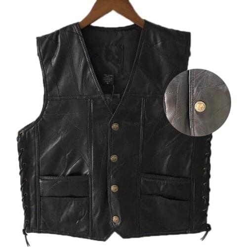 Black Leather Motorcycle Vest For Men Genuine Leather Punk Biker Vest Lace Button Autumn Sleeveless Jacket For Men