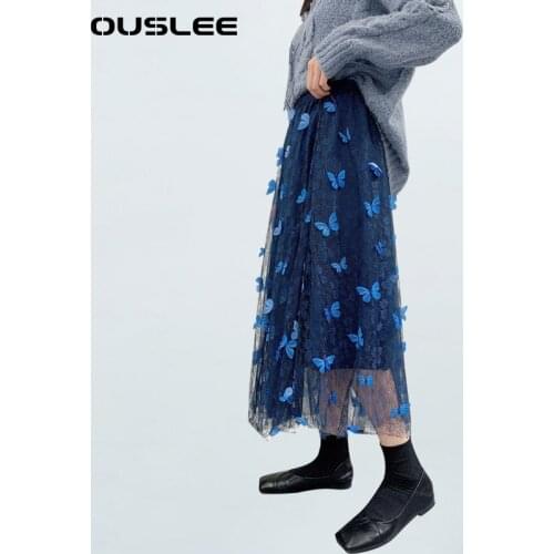 OUSLEE New Butterfly Applique Long Mesh Skirt Women Vintage High Waist Tulle Pleated Skirts Female Sweet Korean Style Maxi Skirt