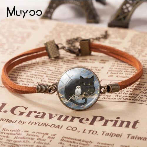 2018 New Cat And Owl Logo Leather Bracelet Animal Friend Bracelets Round Handmade Art Glass Dome Jewelry