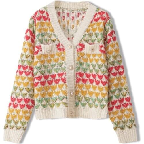 Autumn Womens Sweaters Korean Style Femmes Cardigan Casual Contrast Color Sweetheart Embroidery Oversized V-Neck Vintage Coats