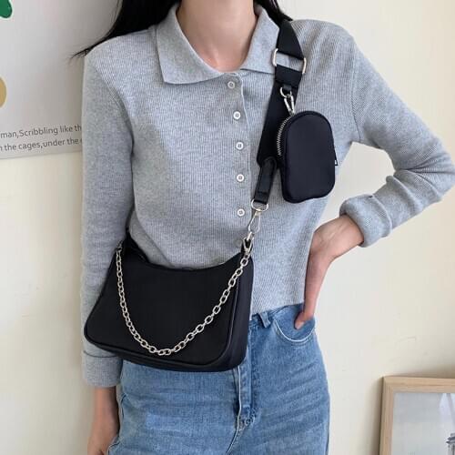 2 Pcs/set Casual nylon Women Crossbody Bag ladies Hand bags chain female Shoulder Bag Lady Purses and handbag bolsas black