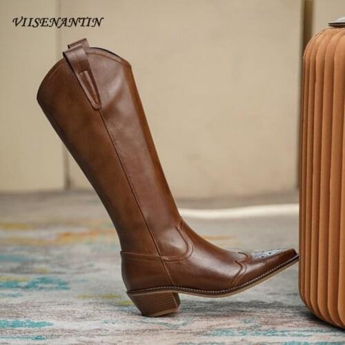 Retro Western Boots Autumn and Winter New Style Rubbed Leather Pointed Thick Mid-heel Side Zipper Hollow Knee High Boots