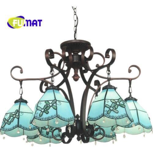 FUMAT Blue Mediterranean style Four-petal Flower Tiffany 6 Head Chandelier Stained Glass Restaurant Bedroom Living Room