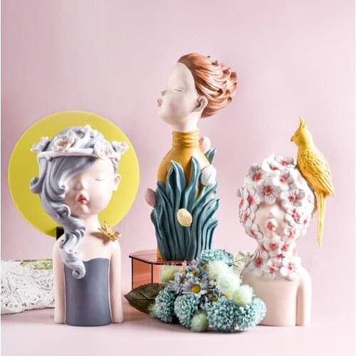 NORDIC STYLE CUTE GIRL ARTS SCULPTURE PARROT FLOWERS FIGURE FIGURINE RESIN CRAFT LUXURIOUS CREATIVE DECORATIONS FOR HOME R3872