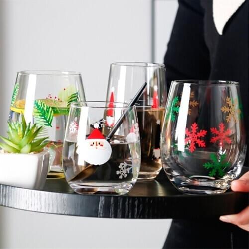 Glass Cup with Christmas Tree Santa Claus Snowflake Pattern Coffee Breakfast Milk Cup New Year Party Table Decor Festival Gift