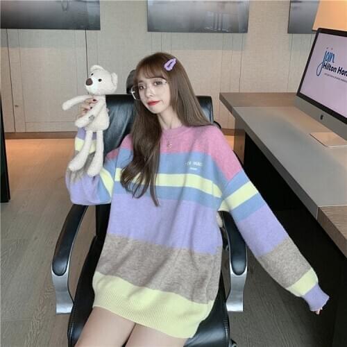 Cute Bear Rainbow Color Girls Lolita Sweater Korean Style Knit Sweaters Fashion Oversized Pullover Sweet Autumn Knitted Jumper