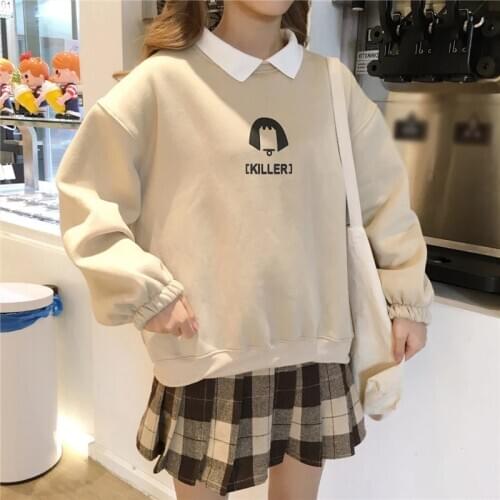 Women Fake Two-piece Sweatshirt Thicken Print Sweatshirts For Girls Polo Collar Patchwork Fleece Long Sleeve Cute Sweet Korean